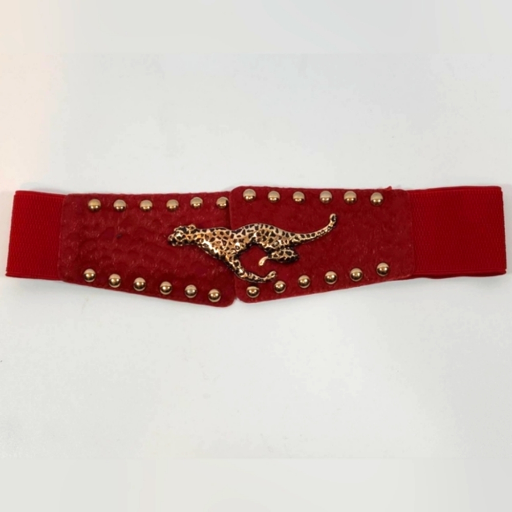 Red Belt with Gold Leopard Buckle and Studs at Front
